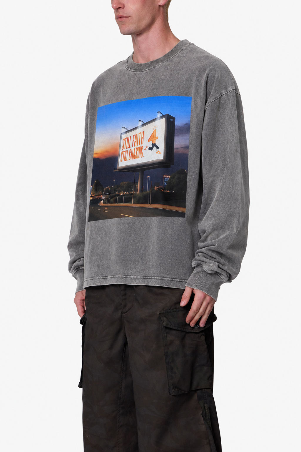 Vintage Washed Grey "Still Chasing" Sweater